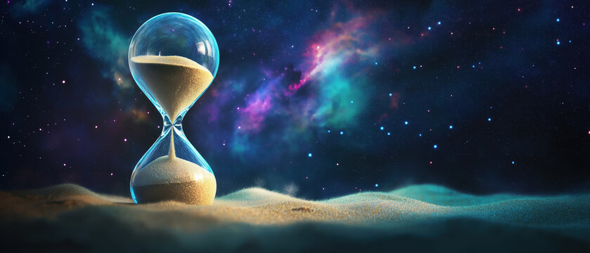 A mystical hourglass in space symbolizes the passage of time amidst a colorful cosmic backdrop of stars and galaxies.