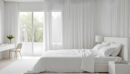 Fototapeta premium A minimalist white bedroom with a large bed, white bedding, and white curtains. The room has a clean, serene, and calming atmosphere