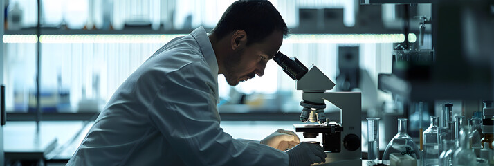 Scientist examining a sample through a microscope in a laboratory 