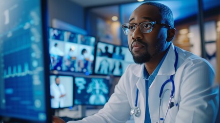 Afro-american doctor engaging in telemedicine consultations, medical professionals are using computers in a hospital office, collaborating on patient care and medical research.