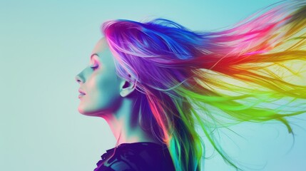 A vibrant portrait of a woman with her hair transformed into a cascade of rainbow colors, symbolizing creativity, freedom, and self-expression.
