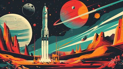 Colorful rocket launch on alien planet under bright cosmos.