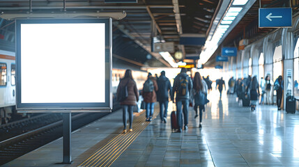 Blank billboard mockup at a train station with arriving passengers