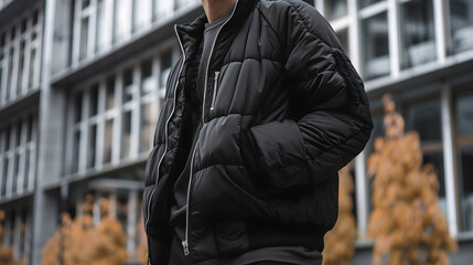 he bomber jacket features a puffer design, complete with a full zipper and two side pockets