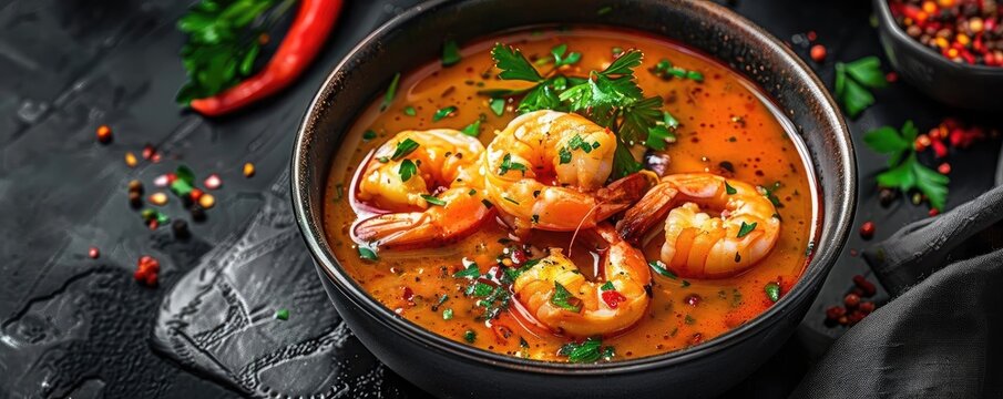 Delicious shrimp soup garnished with herbs and spices, perfect for showcasing culinary artistry and vibrant flavors.