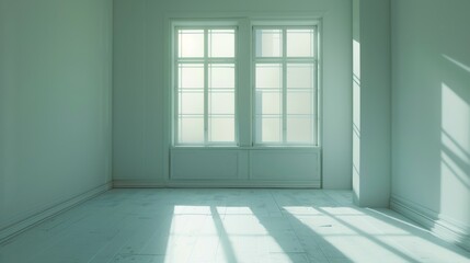 Fototapeta premium Soft daylight streams through tall windows into an empty, minimalist room with light-colored walls and floor, creating an airy and tranquil ambiance.