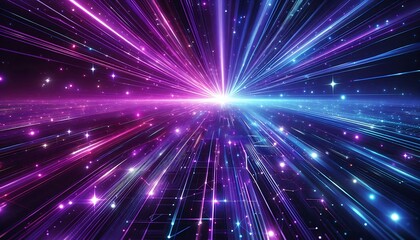 Obraz premium Abstract background with bright light beams and sparkling particles in purple and blue. Colorful rays neon lines. Speed of light in galaxy. Futuristic design for banner, wallpaper and poster