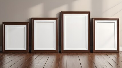 Close up of four mockup frames leaning against the wall, mockup frame design, frame mockup