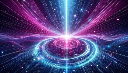 Obraz premium Futuristic neon light rays and glowing circular patterns on a dark background. Colorful blue and purple lines. Sci-fi digital art concept. Design for poster, banner, and wallpaper