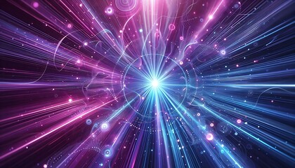 Fototapeta premium Dynamic neon light bursts and glowing particles in a circular pattern on a dark background. Colorful blue and purple rays. Sci-fi digital art concept. Design for poster, banner, and wallpaper