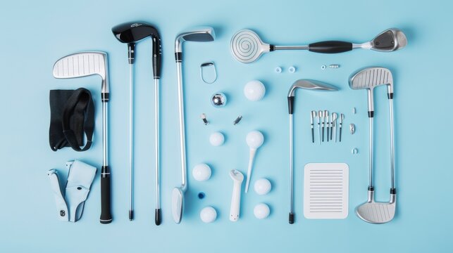 A set of golf clubs and accessories neatly arranged on a blue background, highlighting the precision and organization of the sport.