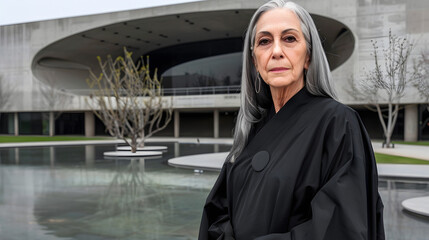 Silver-haired mature model in minimalist outfit against brutalist architecture 