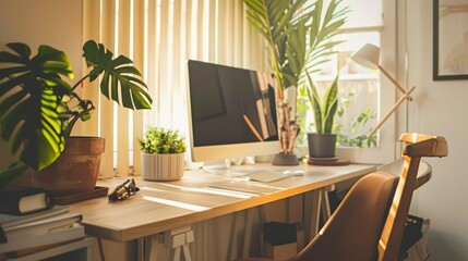 Fototapeta premium A minimalist home workspace with a sleek computer on a wooden desk, accented by greenery and bathed in soft natural light, creating a serene work environment.