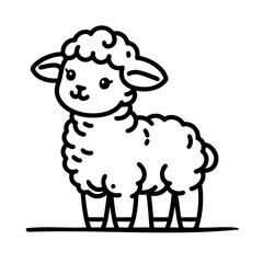 A cute cartoon sheep with a smile on its face. The sheep is standing on a white background