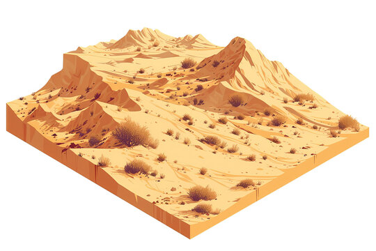 Isometric desert terrain with sand dunes. Illustration isolated on transparent background. Geographical concept. Clipart for game asset, infographic, and educational material.   