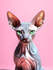 A cat with green eyes is sitting on a pink background