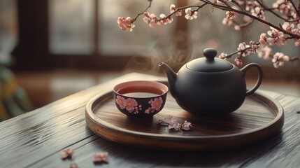 Classic Black teapot and tea cup with The pattern will be a pink flower pattern for drinking.	