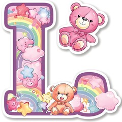 Adorable Lovable L with Cuddly Teddy Bears and Rainbows for Sticker or Shirt Design
