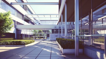 The sleek architecture of a modern building complex is bathed in sunlight, showcasing clean lines, glass facades, and lush greenery that create a professional ambiance.
