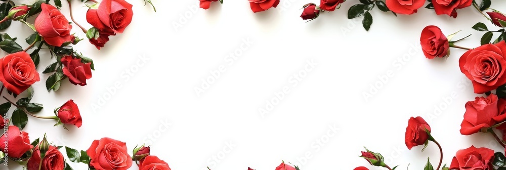 Wall mural Romantic Red Rose Border Frame on White Background - A beautiful arrangement of red roses creating a border frame on a pristine white background, symbolizing love, passion, beauty, elegance, and roman