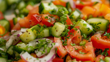  salad with vibrant vegetables like tomatoes, cucumbers, and onions.paper ai generative