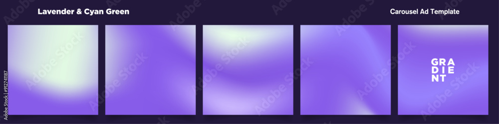 Sticker lavender and cyan gradient carousel ad template. continuous square card template. five gradient back