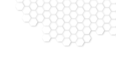 Abstract background with squares. White surface with hexagonal shapes showing on the right sid,Surface polygon pattern with glowing hexagon paper texture, honeycomb white Background ,light and shadow 
