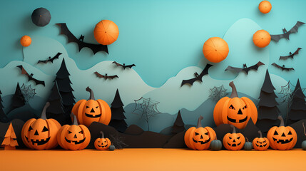 Illustration of Halloween holiday. Orange pumpkins, different scary decorations