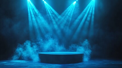 Dramatic Ambiance with a Blue Podium, Smoke, and Spotlights for an Award Ceremony or Presentation