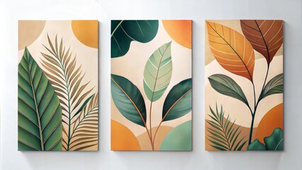 Set of three vertical poster abstract minimalist botanical wall art panels with translucent massangeana leaf