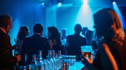 Obraz premium A lively evening party scene with people engaged in conversations, bathed in dramatic blue lighting and lively atmosphere.