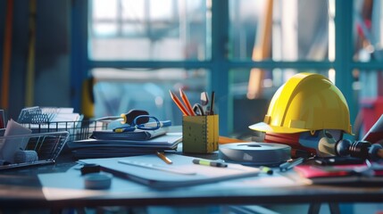 Fototapeta premium A cluttered workbench in a workshop, featuring a yellow hard hat, pencils in a yellow holder, papers, and various tools, all illuminated by natural light from a large window.