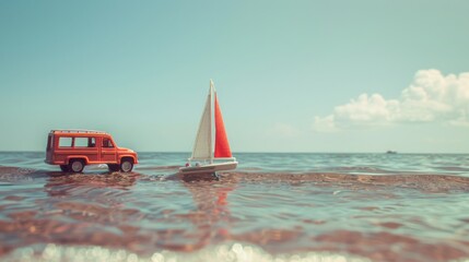 A vibrant toy car and sailboat on a sandy shore with a calm sea and clear sky, capturing the essence of carefree beachside adventures.