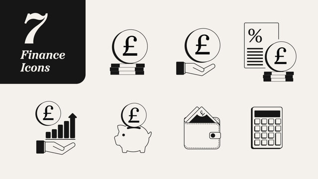 Finance Icons. Set of Money Icon Illustrations. Retro Style, Black and White. Pounds &pound; British Money Coins