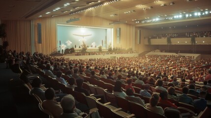 Naklejka premium A vast auditorium filled with people attentively listening to a speaker under bright lights, capturing a moment of unity and engagement.