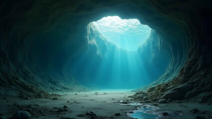 Underwater cave tunnel blue ocean.