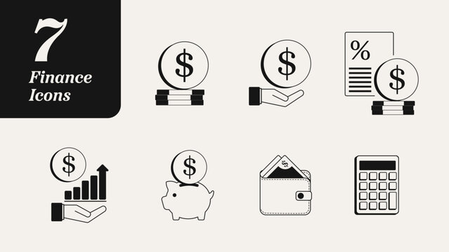 Finance Icons. Set of Money Icon Illustrations. Retro Style, Black and White. Dollars USA Canada $ Money Coins