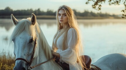 Obraz premium Blonde Woman in White Dress Riding a White Horse