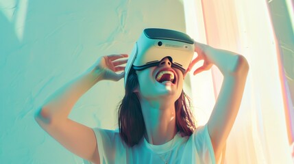 A young woman enjoying a virtual reality experience, smiling widely and looking up, captured in a vibrant, dreamy ambiance with soft pastel lights.