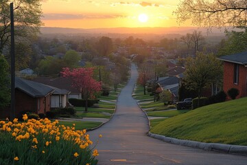 Obraz premium A sleepy neighborhood waking up to the sunrise, Monday morning, peaceful and serene