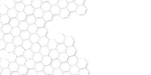Abstract background with squares. White surface with hexagonal shapes showing on the right sid,Surface polygon pattern with glowing hexagon paper texture, honeycomb white Background ,light and shadow 