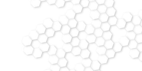 Abstract background with squares. White surface with hexagonal shapes showing on the right sid,Surface polygon pattern with glowing hexagon paper texture, honeycomb white Background ,light and shadow 