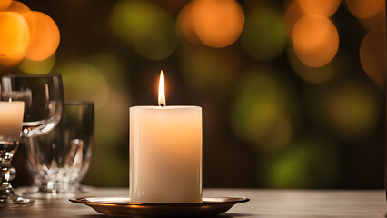 A candle is lit on a table with a plate and a glass