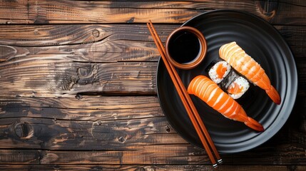 Sushi with chopsticks on a black plate and a cup of soy sauce over a dark wooden background in a closeup view, real photo. copy space 