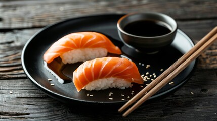 Sushi with chopsticks on a black plate and a cup of soy sauce over a dark wooden background in a closeup view, real photo. copy space 