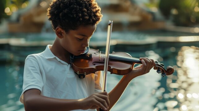 A young boy playing the violin near an outdoor pool, captured in a serene moment of concentration and musical expression.