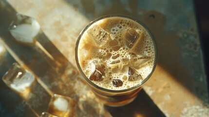 A refreshing glass of iced coffee with foamy bubbles, sitting on a sunlit surface with scattered ice cubes, radiating a chilled, relaxing vibe.