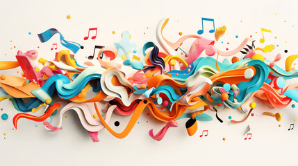 Obraz premium Abstract colorful 3D illustration with dynamic shapes, ribbons, and musical notes.