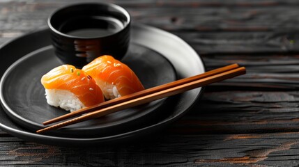 Sushi with chopsticks on a black plate and a cup of soy sauce over a dark wooden background in a closeup view, real photo. copy space 