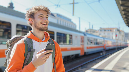 Obraz premium Smiling young man on cell phone walking on station platform along commuter train